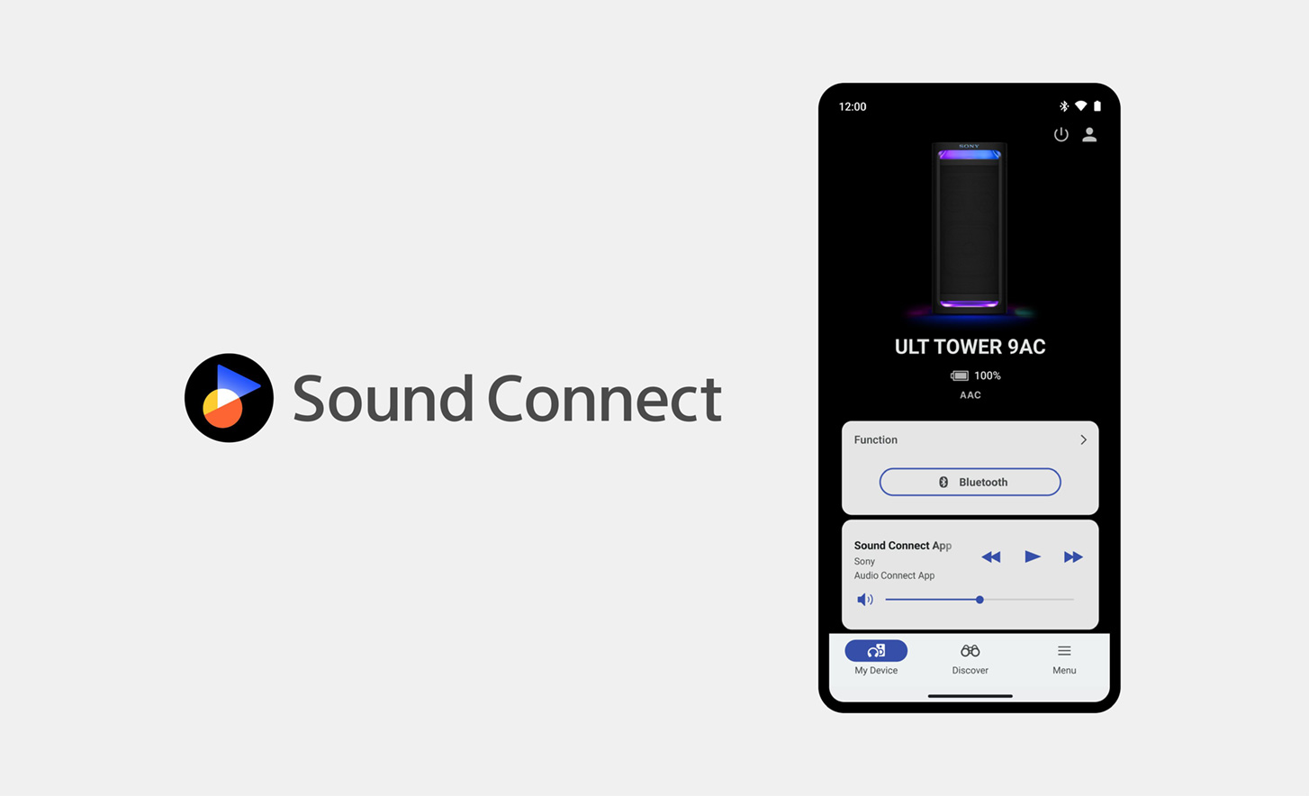 Das Logo von Sound Connect neben einem Bild eines Smartphones mit geöffneter Sony Connect App, die gerade genutzt wird, auf dem Bildschirm