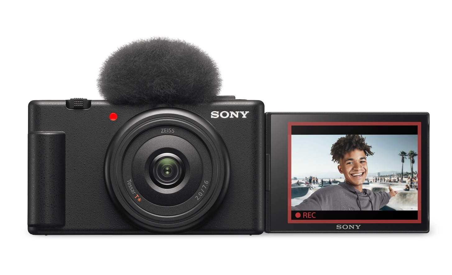 Image du ZV-1F avec une bonnette anti-vent fixée et son écran ouvert