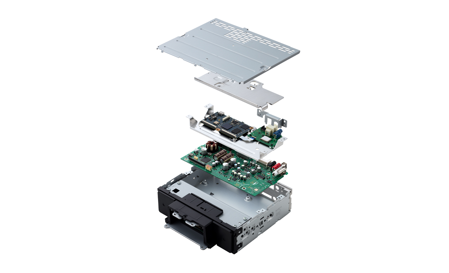 Erweitertes Profil des XAV-9550ES, welches das doppelschichtige Design und interne Motherboards zeigt