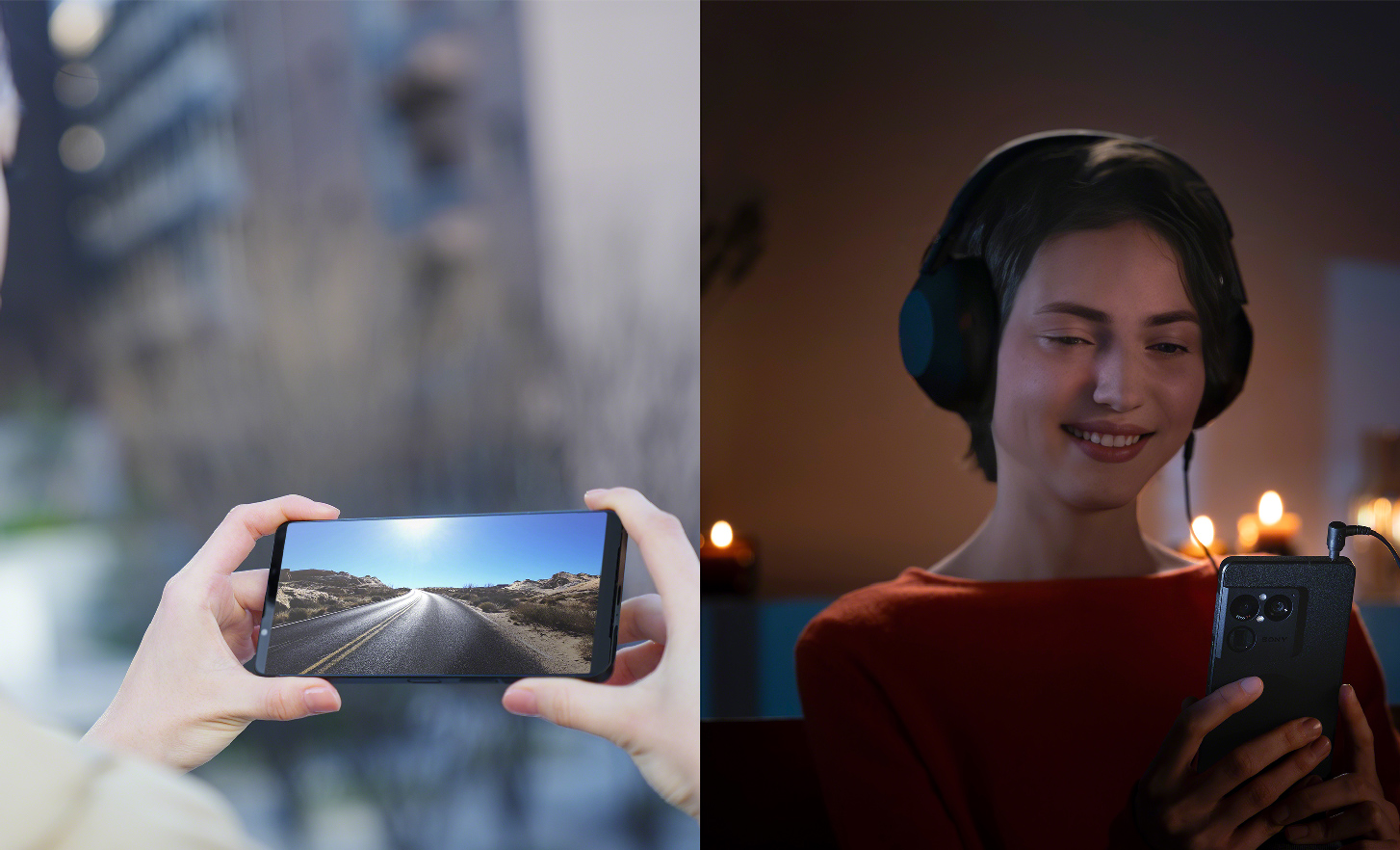 Eine Person mit einer Kamera; daneben ein Bild von Händen, die eine Kamera halten